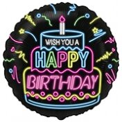 Balionas "Wish you a Happy birthday", juodas, neoninis raštas, apvalus, 45cm
