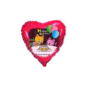 Balionas "Happy birthday", raudonas su kačiukais, širdies formos, 45cm