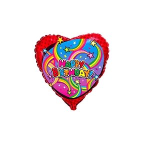 Balionas "Happy birthday", raudonas su saliutais, širdies formos, 45cm