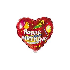 Balionas "Happy birthday", raudonas su šventine kepurėle, širdies formos, 45cm