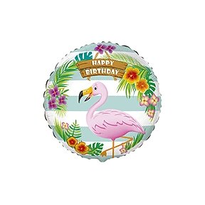 Balionas "Happy birthday", su flamingu, juostuotas, apvalus, 45cm