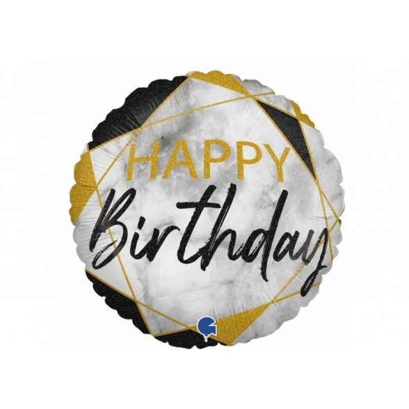 Balionas "Happy birthday", mėlyna/balta/auksas, sukryžiuoti keturkampiai, 45cm