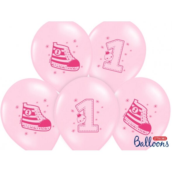 Balionų puokštė "1 gimtadienis", rožinės spalvos, 5vnt. latekso balionai