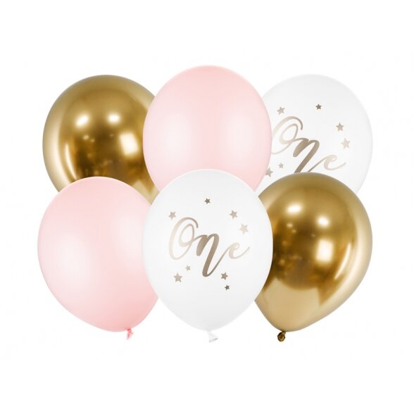 Balionų puokštė "One", rožinė/balta/auksinė su veidrodiniu efektu, 6 vnt. latekso balionai