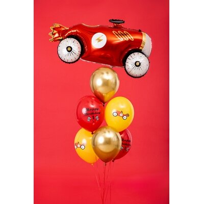 Puokštė "Lenktynininkas Happy birthday Nr1"- 4vnt., veidrodiniai aukso spalvos 2vnt., automobilis 36x86cm 1vnt., svarelis 1vnt.