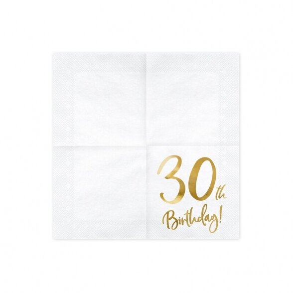 Servetėlės 30th birthday, balta, aukso spalva, 33cm x 33cm, 20 vnt 6