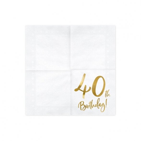 Servetėlės 40th birthday, balta, aukso spalva, 33cm x 33cm, 20 vnt 6