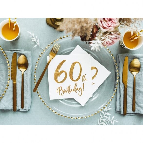 Servetėlės 60th birthday, balta, aukso spalva, 33cm x 33cm, 20 vnt 3