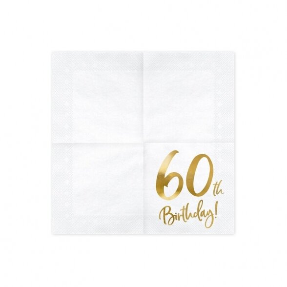 Servetėlės 60th birthday, balta, aukso spalva, 33cm x 33cm, 20 vnt 6