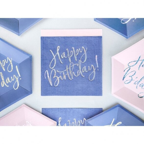 Servetėlės Happy birthday, mėlyna, persiliejančių spalvų (holograminis) užrašas, 33cm x 33cm, 20vnt 1