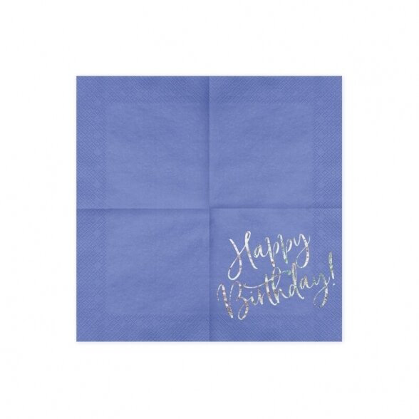 Servetėlės Happy birthday, mėlyna, persiliejančių spalvų (holograminis) užrašas, 33cm x 33cm, 20vnt 2