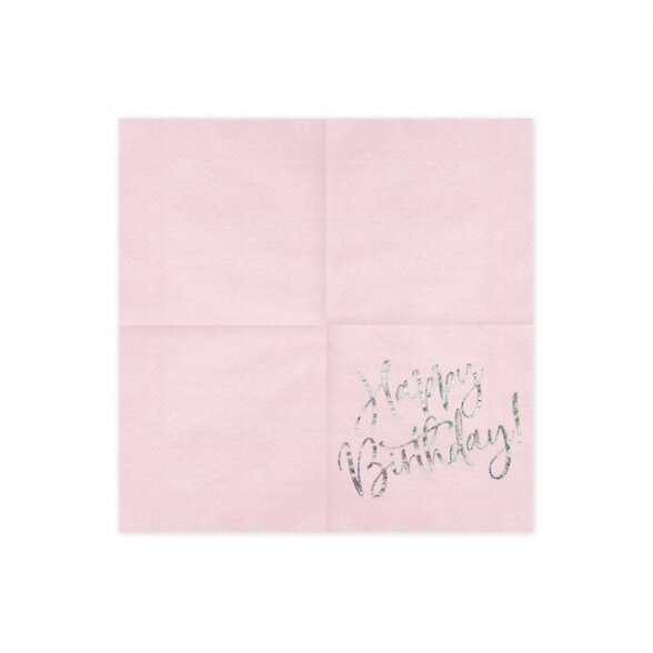 Servetėlės Happy birthday, rožinė, persiliejančių spalvų (holograminis) užrašas, 33cm x 33cm, 20vnt 3