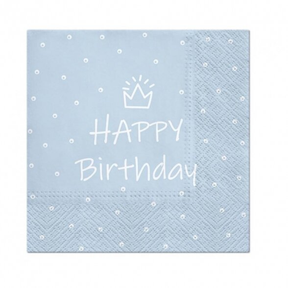 Servetėlės "Happy birthday", šviesiai žydra (light blue) spalva, 33cm x 33cm, 20vnt