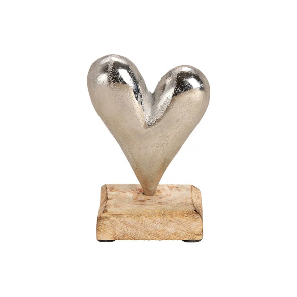 Širdis metalo sidabro spalva ant medinio pado.H12cmx10cmx5cm