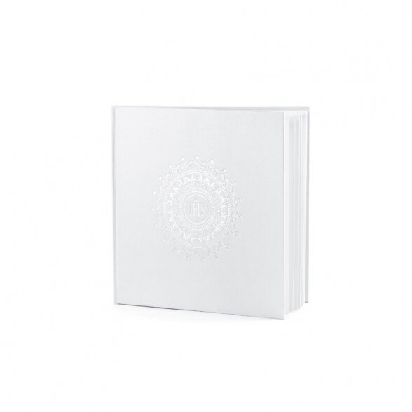 Svečių knyga IHS pirmajai komunijai, lenkų kalba, balta spalva, 20,5cm x 20,5cm