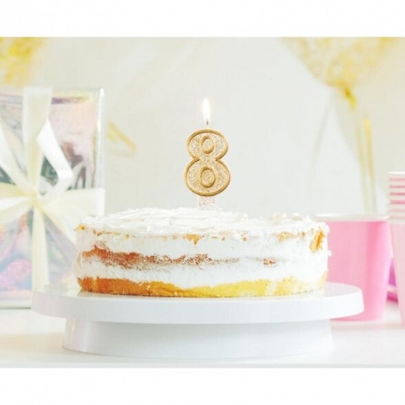 Torto žvakė skaičius 8, balta su auksu