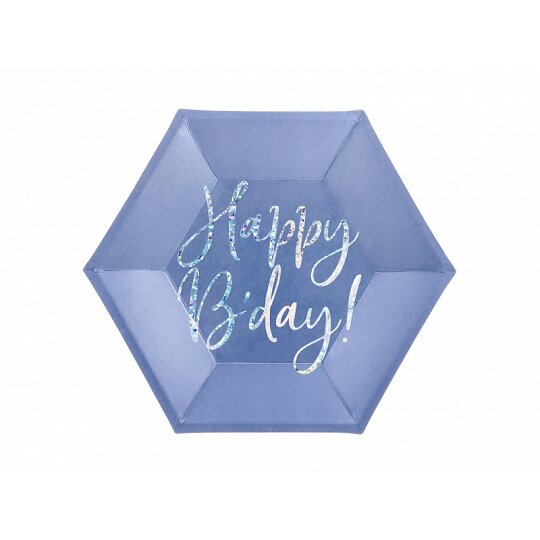 Lėkštė šešiakampio formos, mėlyna su blizgiu užrašu Happy birthday, 18cm, 6vnt.